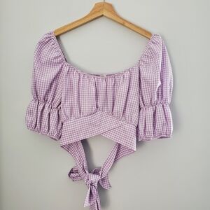 River Island Women's Cropped Gingham Seersucker Tie-Back Top Sz 10 Flirty Beach